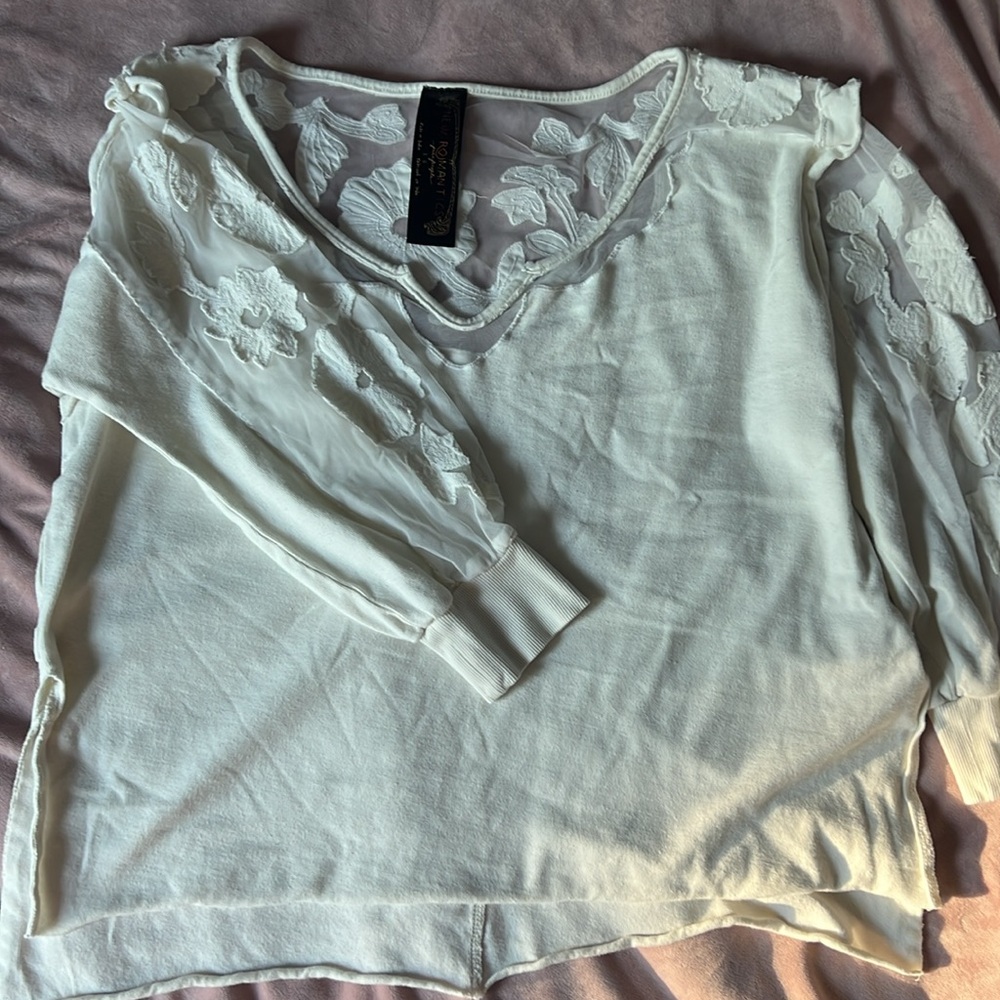 Free people New Romantics tulle and floral detail 3/4 sleeve pullover sweater - Picture 2 of 8